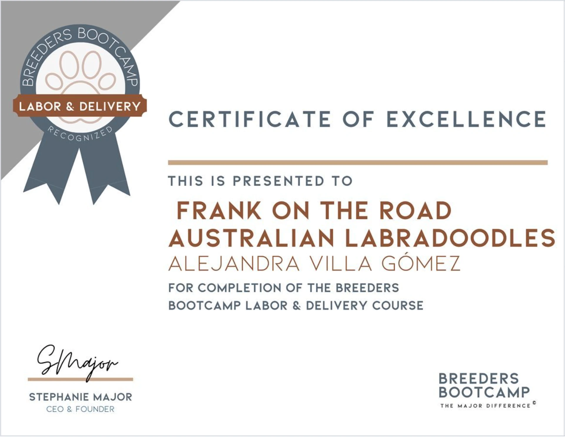 Certificate of Excellence de Breeders Bootcamp otorgado a Frank on the Road Australian Labradoodles — Alejandra Villa Gómez, curso Labor & Delivery