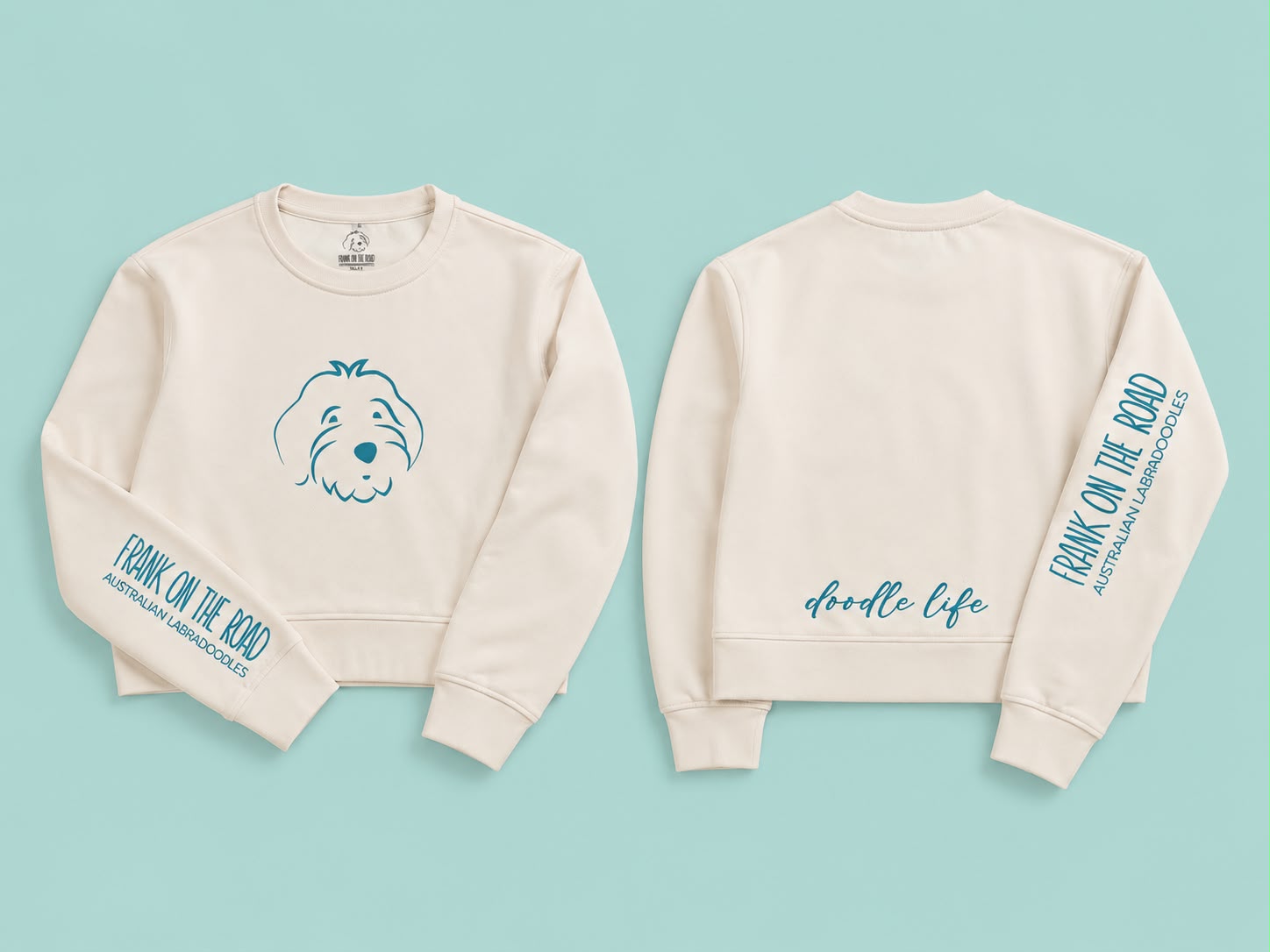 Crewneck crudo Frank On The Road: frente con logo doodle y espalda con 'doodle life'