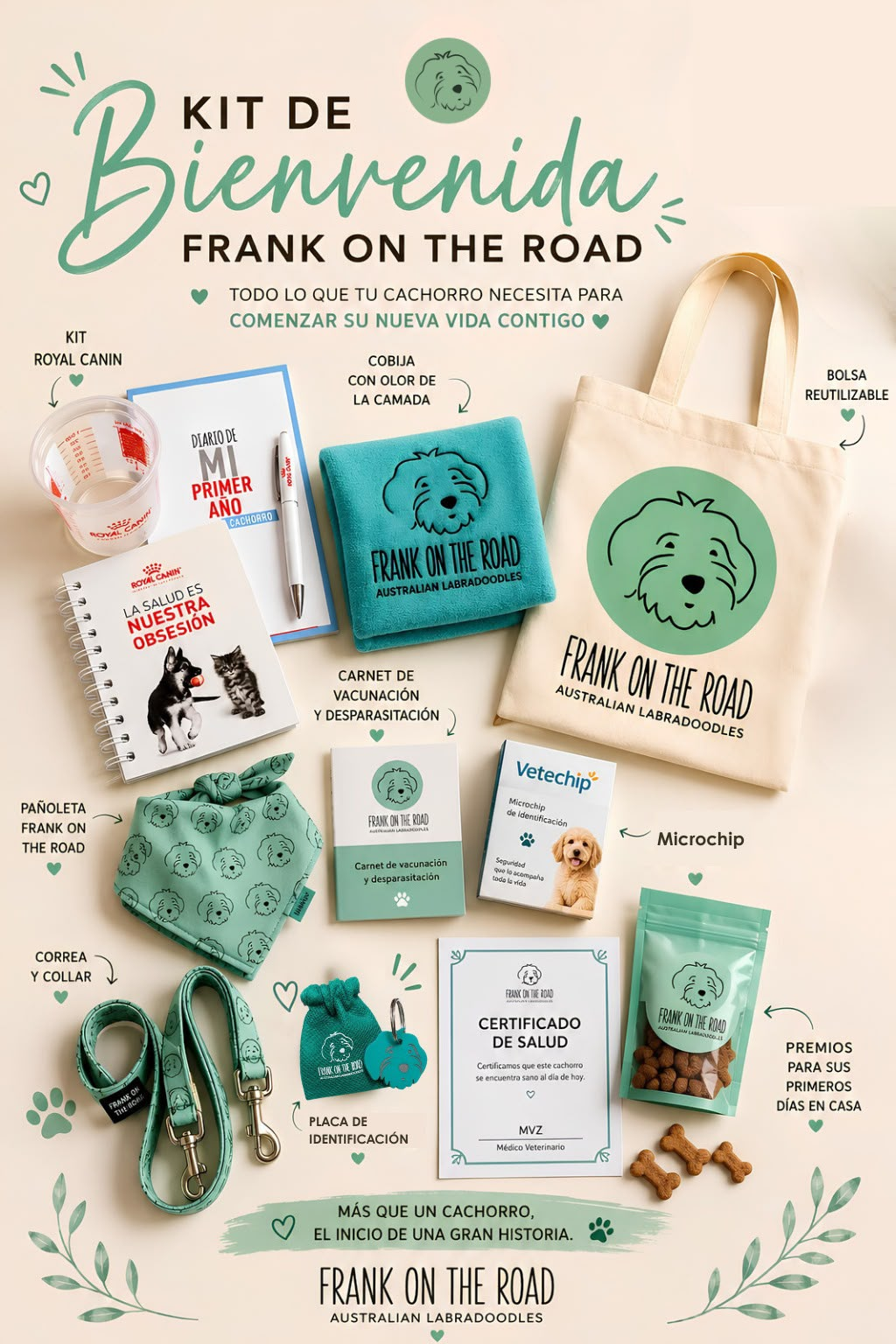 Kit de bienvenida Frank on the Road: bolsa, cobija, correa, pañoleta, carnet, microchip, kit Royal Canin y premios