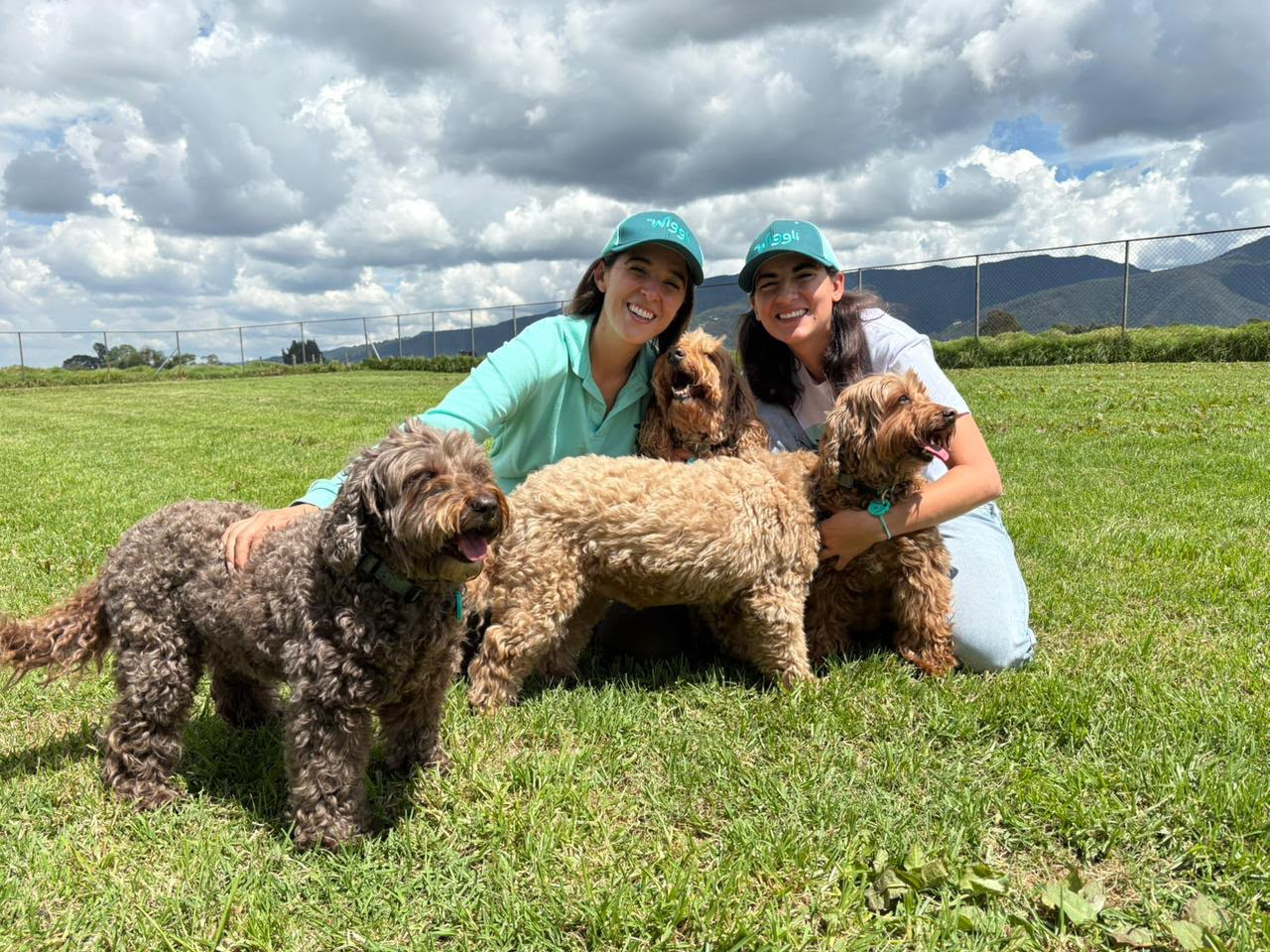 Equipo de Wiggli con tres Australian Labradoodles en el campus del colegio canino